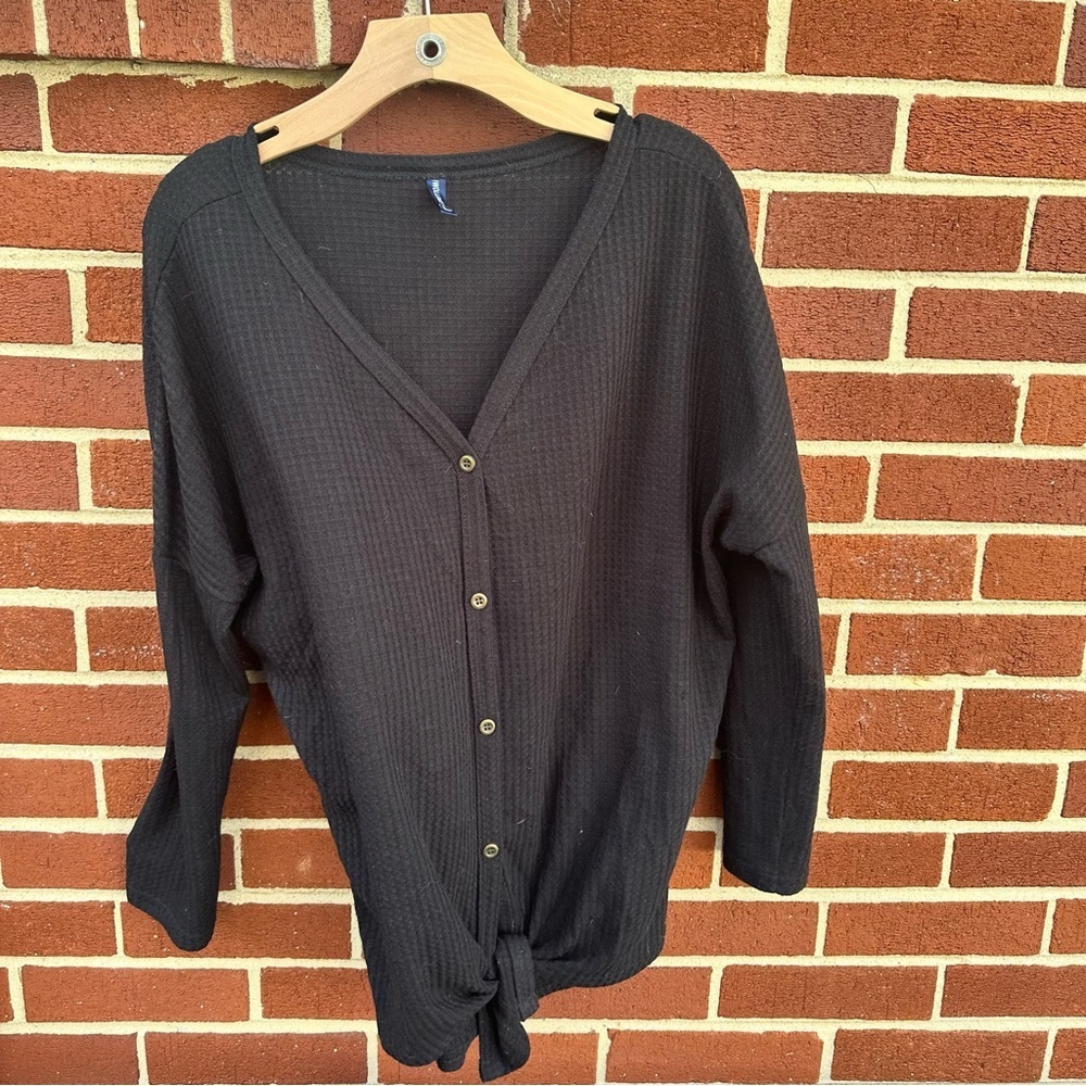 Waffle Button Vneck Top